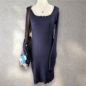 NWT LUSH Ribbed Sweater Dress Womens M Navy Long Sleeve Bodycon Coquette Y2K Bow